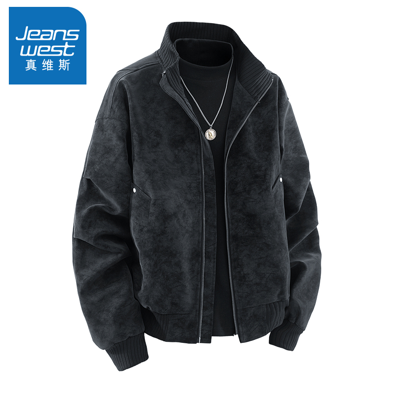 N5真维斯外套男2025新款秋季美式潮牌男士春秋装扎染复古PU皮夹克