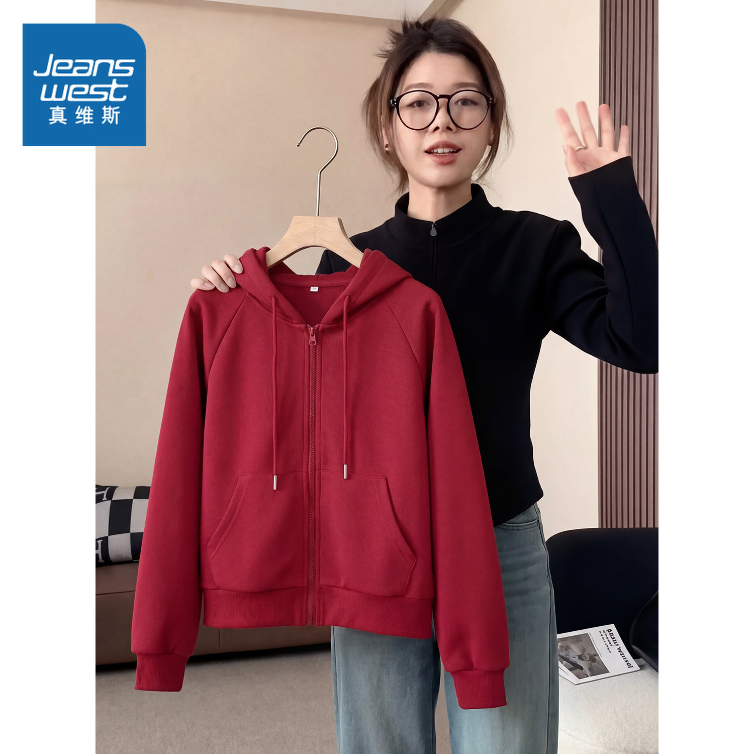 NOW真维斯红色连帽长袖外套女春秋季2026新款小个子短款宽松开衫,女装/女士精品,卫衣/绒衫,淘宝优惠券,粉丝福利购,淘宝优惠卷