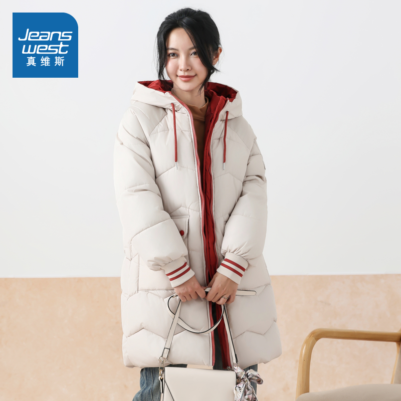 KF真维斯女装连帽保暖中长款棉服 2025冬季新品潮流拼色棉袄外套