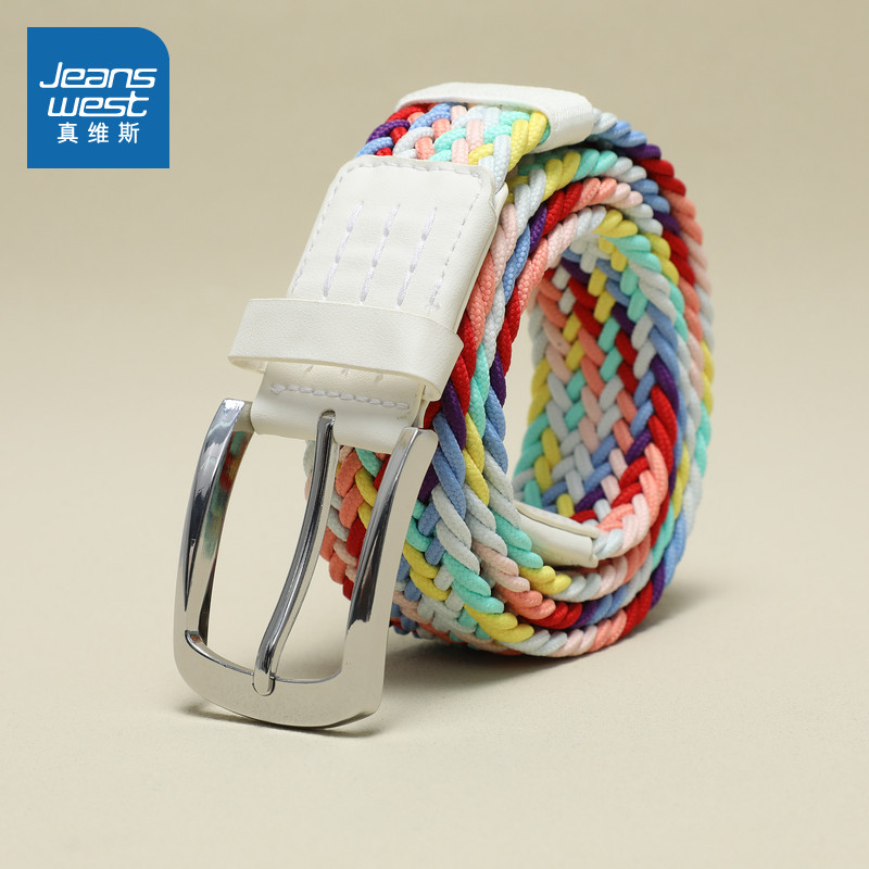 LP真维斯男女同款潮牌时尚新款编织撞拼花色帆布情侣针扣腰带
