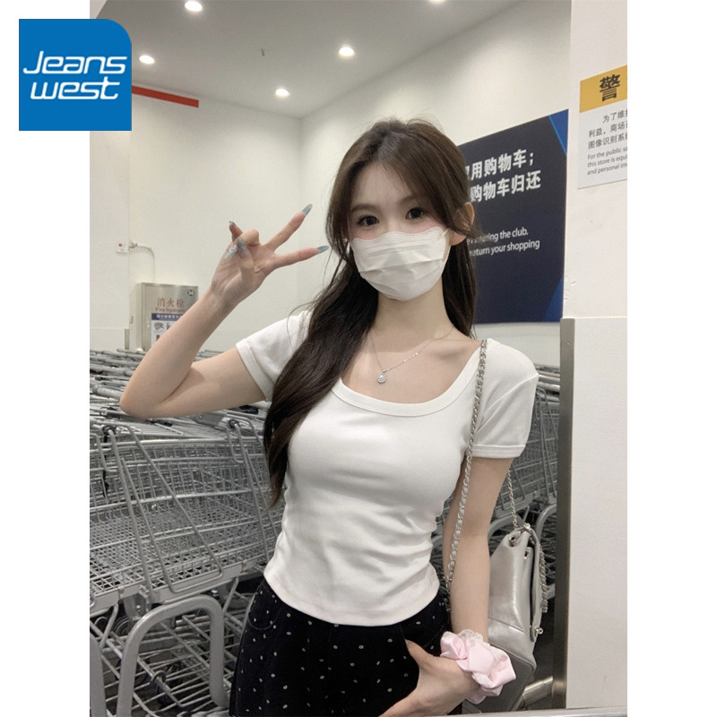 真维斯白色方领短袖t恤女新款夏