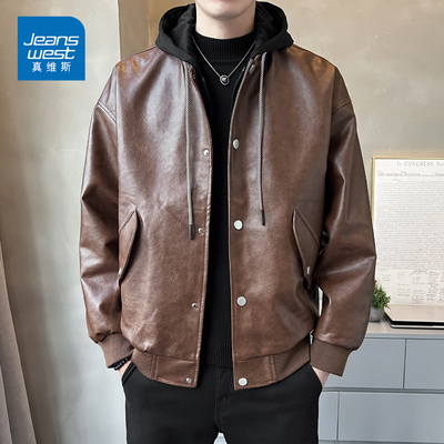 真维斯连帽皮衣外套男士免洗夹克