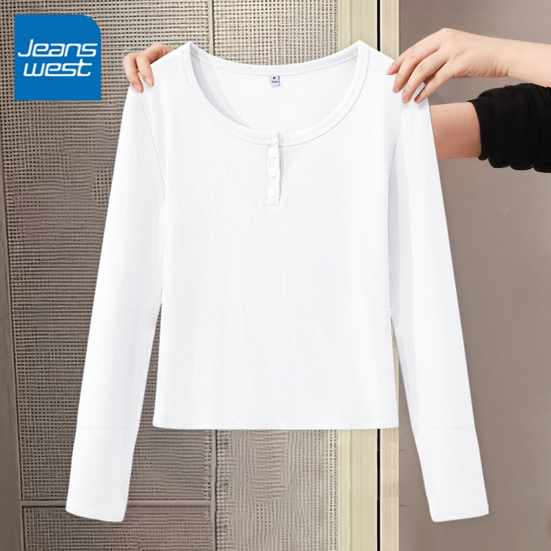 真维斯U领开扣修身长T女2025新款