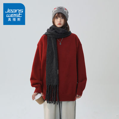 N5真维斯毛衣男2025新款秋冬季红色宽松圆领上衣服保暖男款针织衫