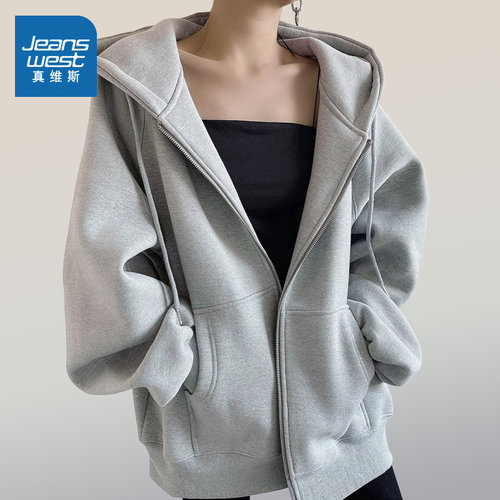 真维斯灰色连帽卫衣小个子开衫女