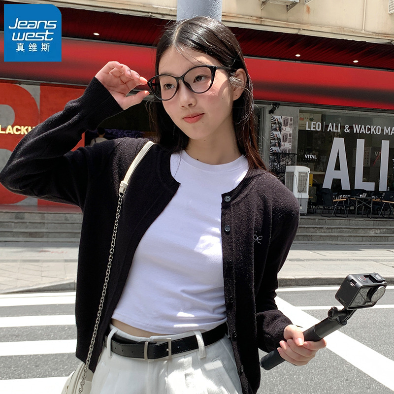 真维斯黑色圆领针织开衫外套女