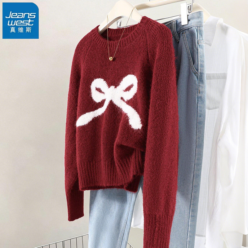 KHV真维斯红色马年蝴蝶结套头毛衣女2025冬季新款针织衫短款上衣