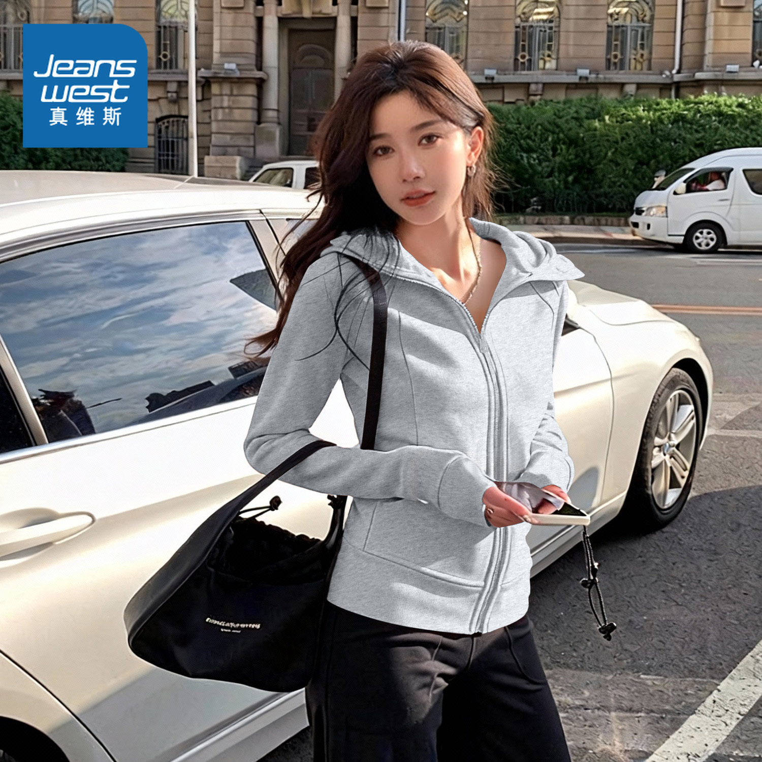 KMV真维斯灰色修身卫衣外套女新款连帽休闲上衣收腰显瘦开衫内搭,女装/女士精品,卫衣/绒衫,淘宝优惠券,粉丝福利购,淘宝优惠卷