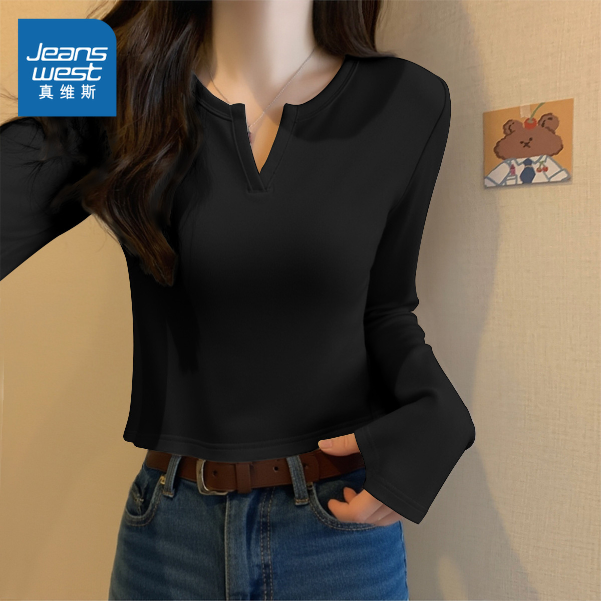 真维斯V领长袖t恤上衣女2025新款