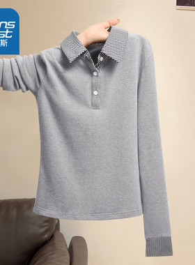 LB真维斯假两件打底衫女2025新款秋季法式小众上衣衬衫领长袖t恤