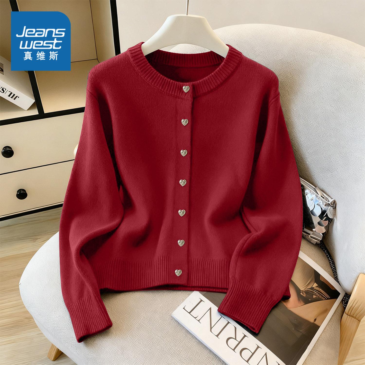 KMV真维斯红色毛衣女秋冬2025新款本命年衣服小香风针织开衫外