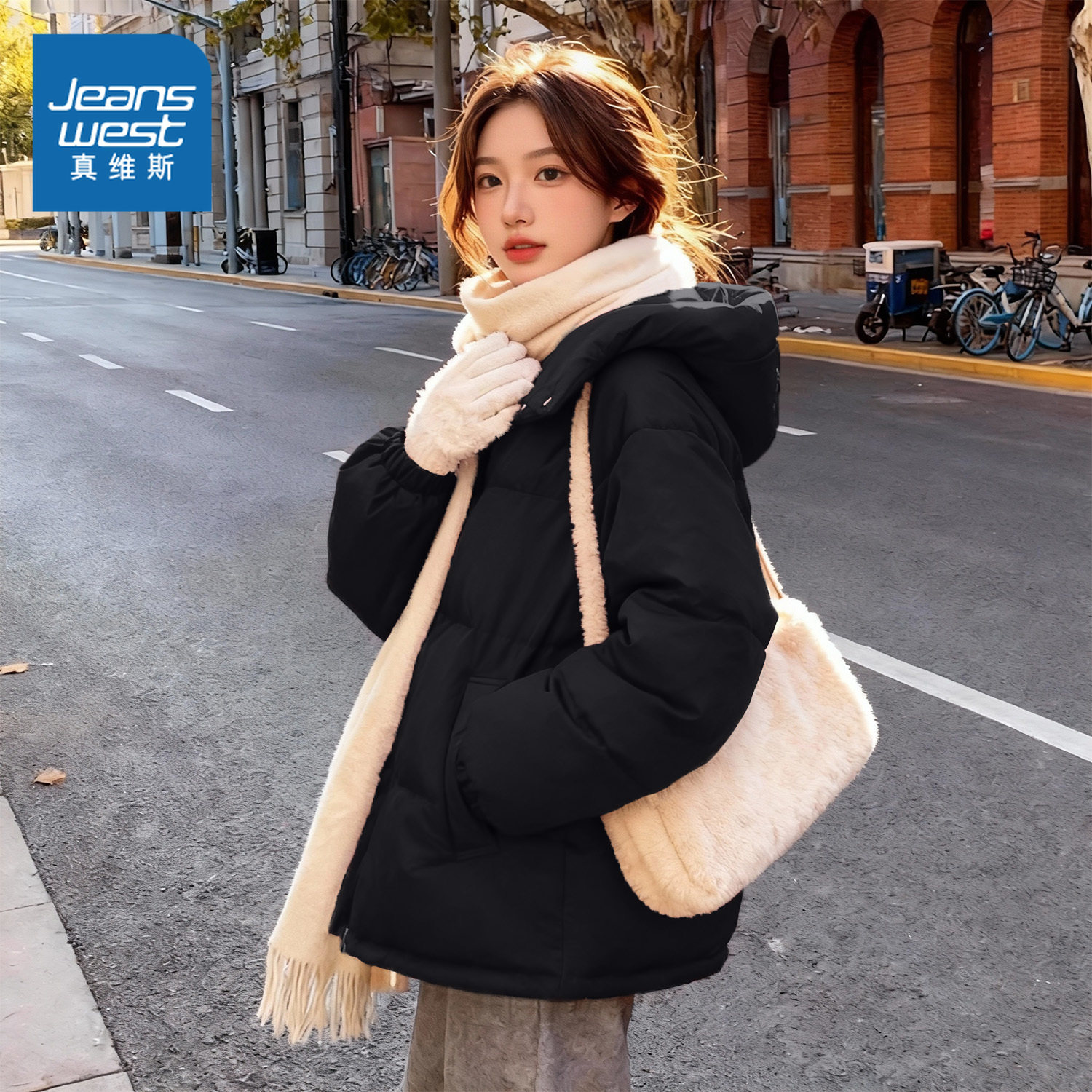 KMV真维斯黑色连帽棉服女冬2026新款宽松面包服外套夹棉棉衣棉袄,女装/女士精品,棉衣/棉服,淘宝优惠券,粉丝福利购,淘宝优惠卷