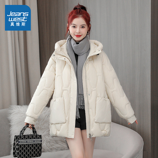 DCF真维斯女装2025年冬季宽松休闲连帽款保暖棉衣时尚中长款外套