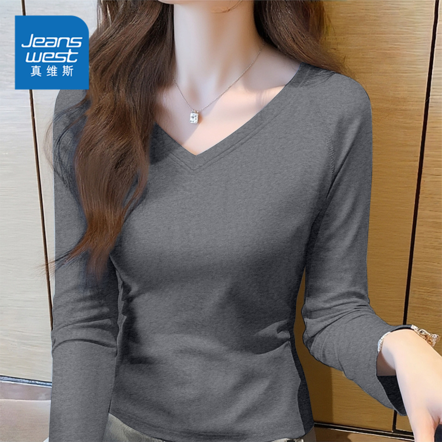KMV真维斯v领正肩长袖t恤女春秋2025新款辣妹内搭打底衫修身