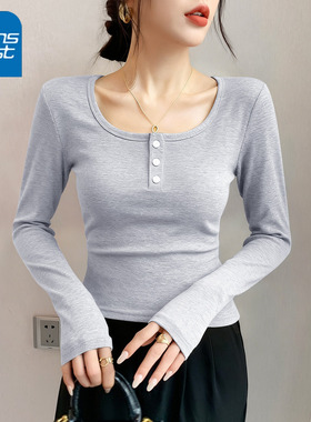 KV真维斯灰色方领修身t恤打底衫女2026春秋打底长袖内搭正肩上衣