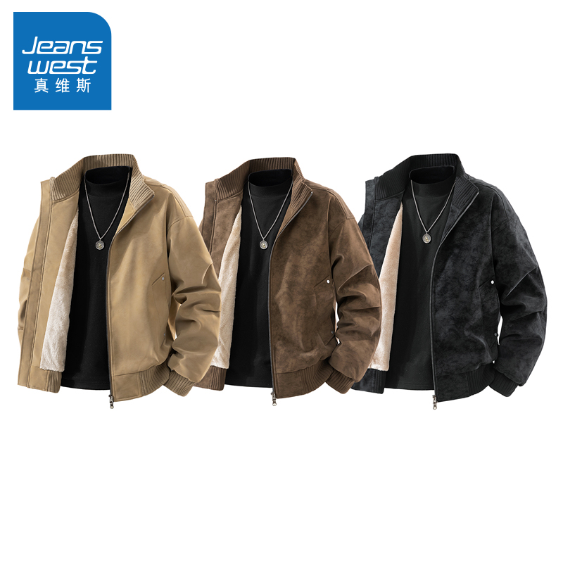 N5真维斯外套男2025新款冬季美式潮牌男装加绒扎染复古PU皮衣夹克