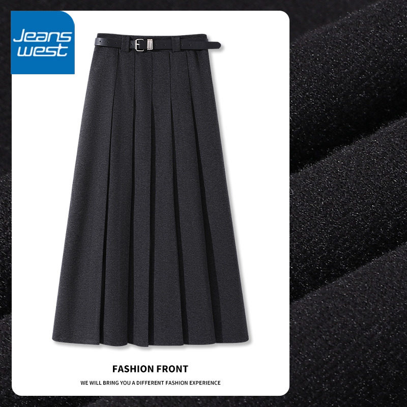 NOA真维斯毛呢百褶裙女秋季高腰垂感显瘦秋冬大摆a字中长款半身裙