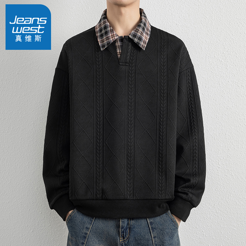 N5真维斯男士卫衣2025秋季新款美式潮流宽松翻领假两件男生上衣服