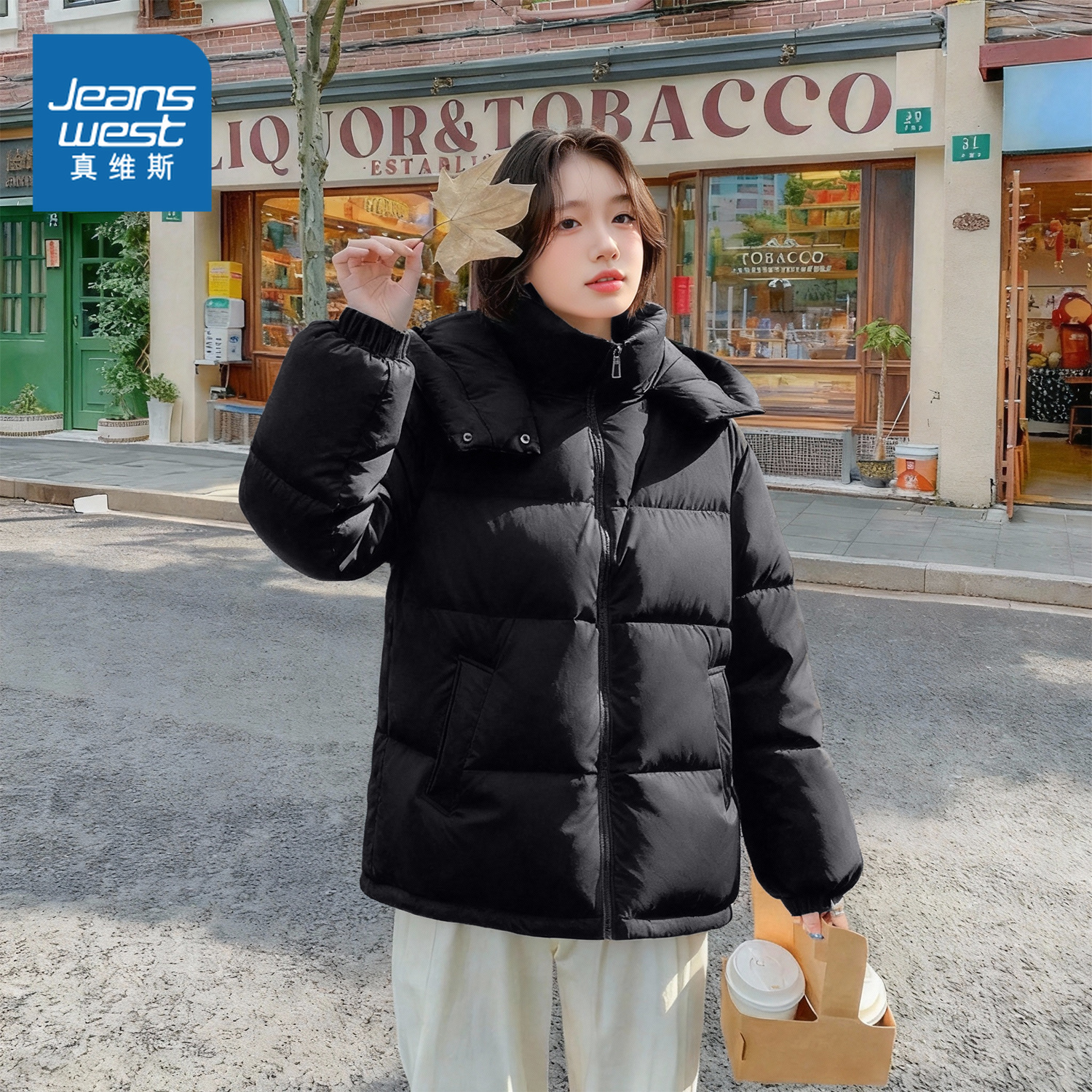 NOW真维斯黑色连帽棉服女款2025新款保暖冬季超好看冬装棉袄外套