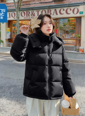 NOW真维斯黑色连帽棉服女款2025新款保暖冬季超好看冬装棉袄外套