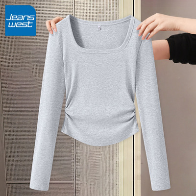 KV真维斯纯色方领褶皱修身打底衫2026秋季新款透气通勤百搭长袖女