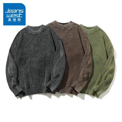 N5真维斯毛衣男2025新款秋冬季美式宽松圆领复古上衣服男款针织衫