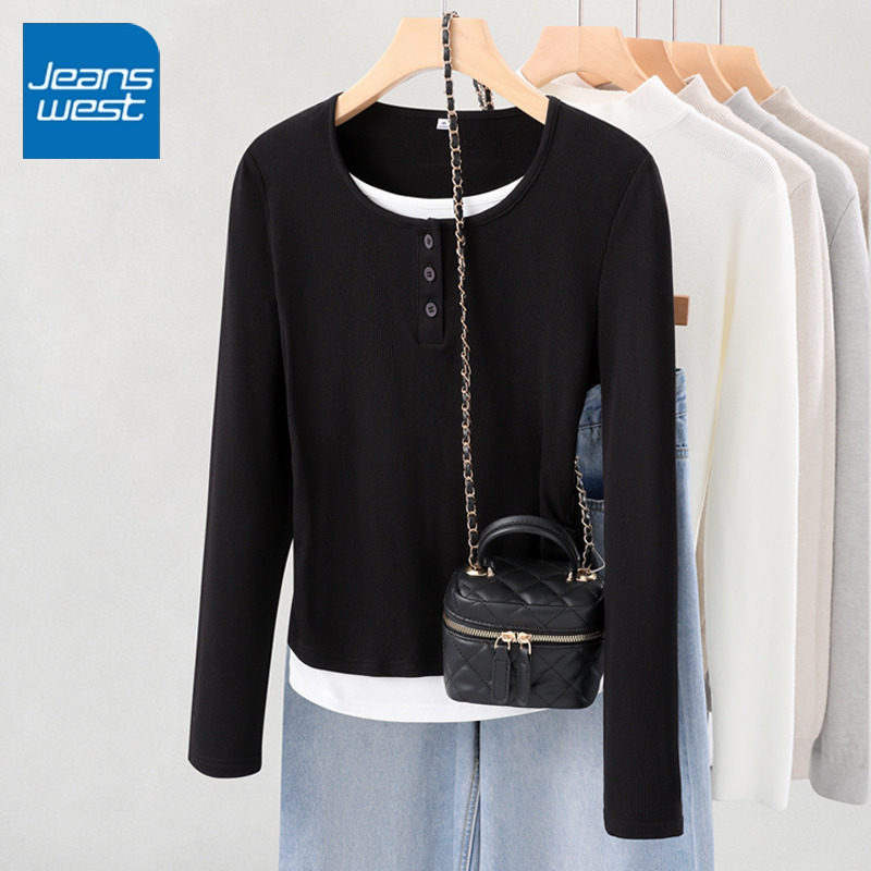 KV真维斯黑色假两件长袖t恤女2026新款秋冬季显瘦内搭打底衫上