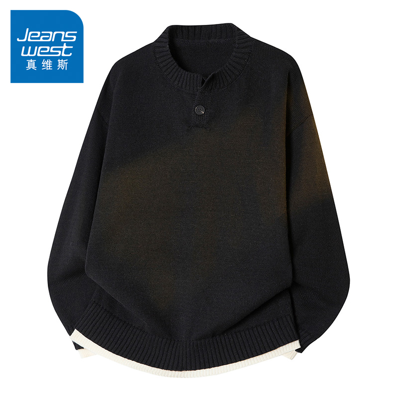 N5真维斯毛衣男2025新款秋冬季假两件V领宽松舒适保暖男款针织衫