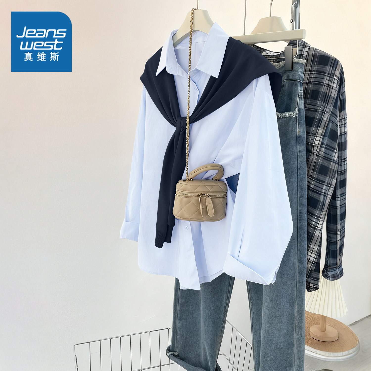 NOB真维斯韩系针织披肩可拆卸长袖衬衫女宽松休闲设计感衬衣外套,女装/女士精品,衬衫,淘宝优惠券,粉丝福利购,淘宝优惠卷