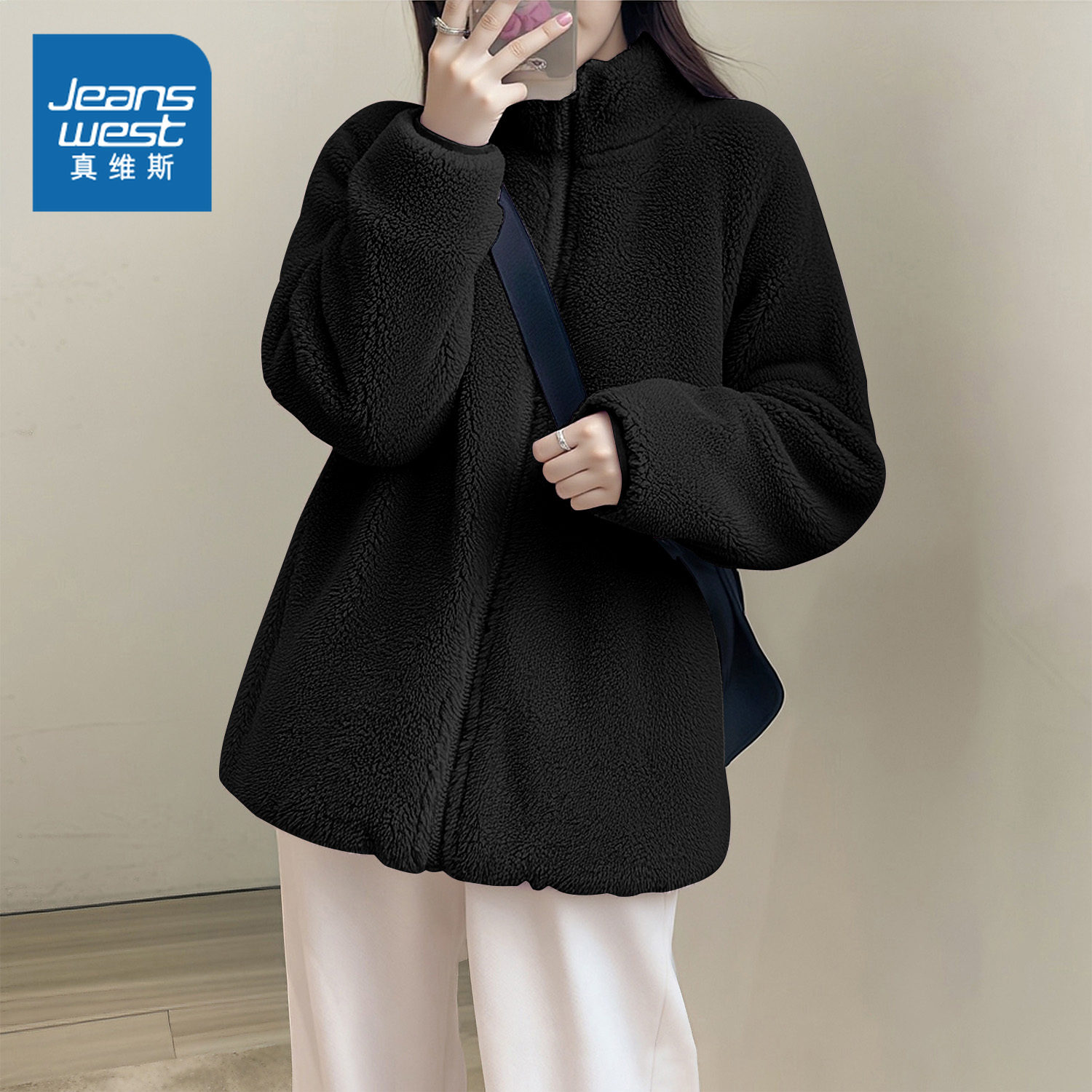 真维斯女摇粒绒加厚宽松开衫外套