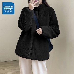 上衣 加厚摇粒绒宽松开衫 NOB真维斯黑色抓绒外套女2025新款 秋冬季