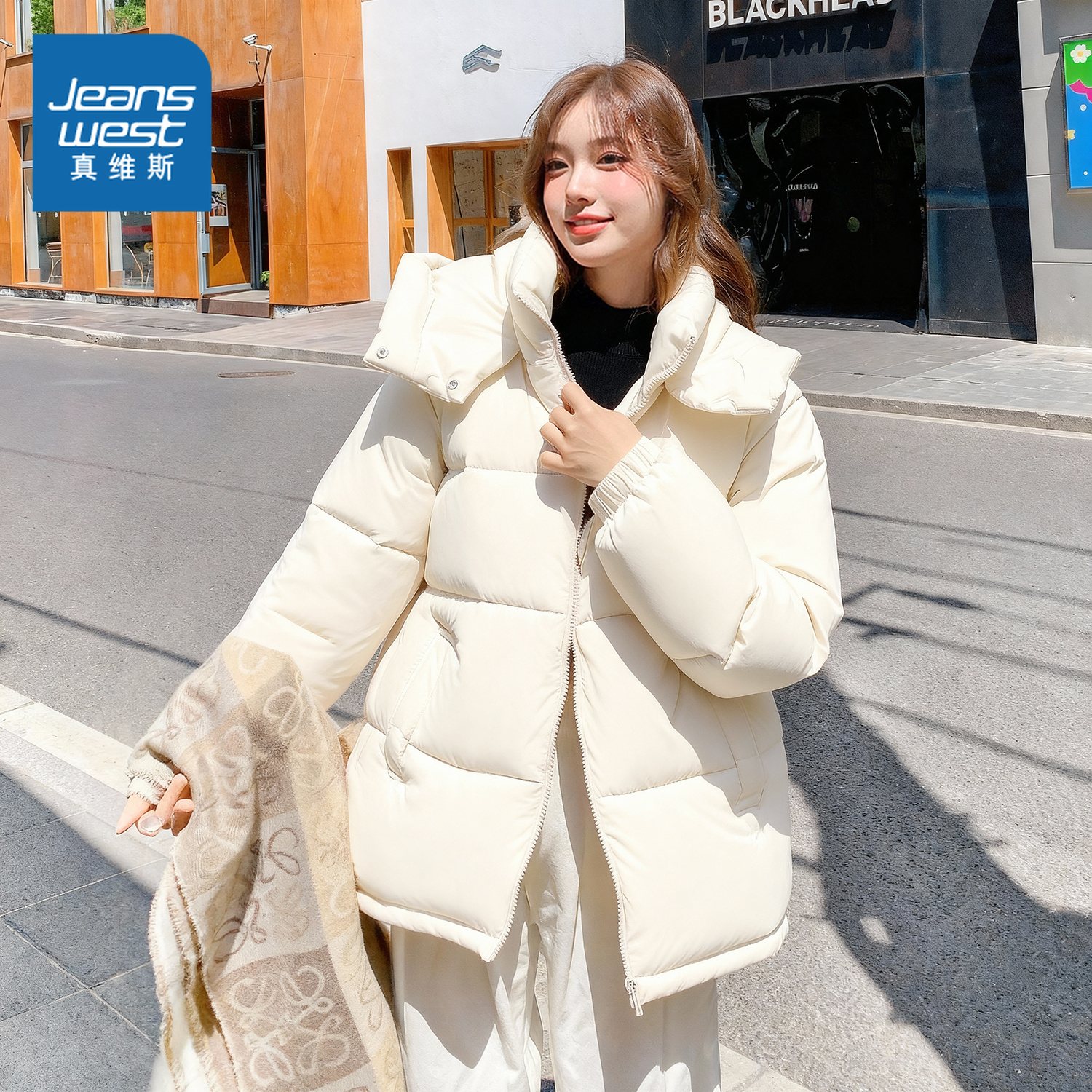 NOW真维斯连帽棉服女款2025新款冬季保暖巨好看的冬装棉袄外套厚