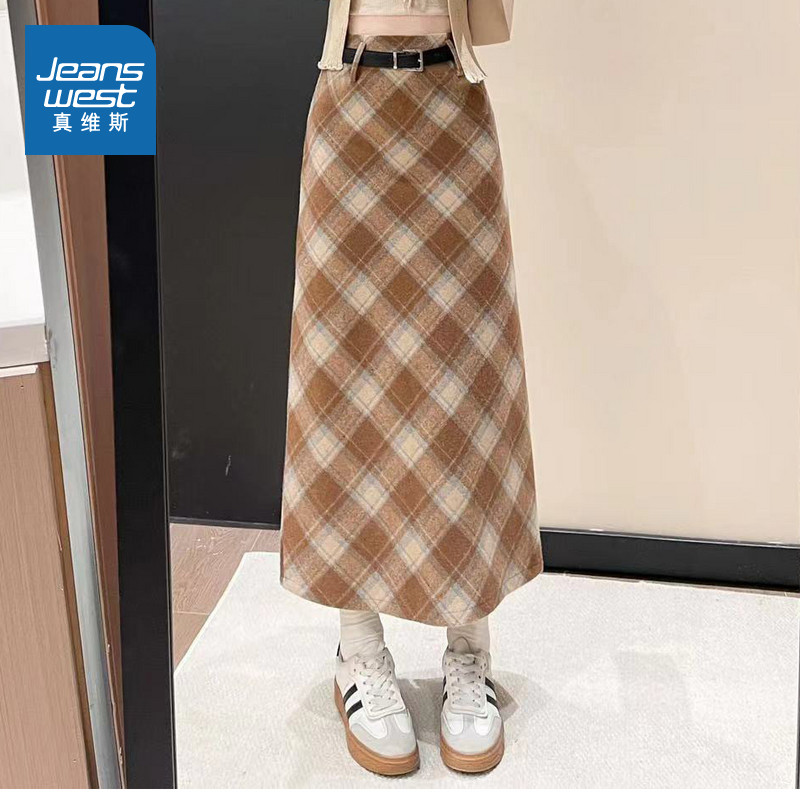 LR真维斯格子半身裙女春季新款学院风小个子格纹包臀a字毛呢长裙