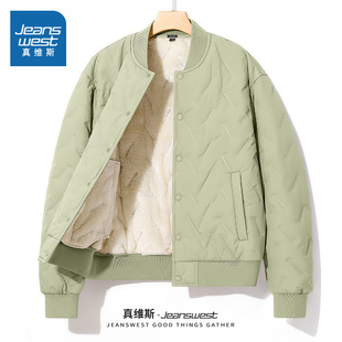 NN真维斯冬季棒球领棉服男加厚保暖百搭宽松大码潮牌绿色男款棉衣