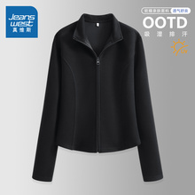 NOB真维斯黑色立领长袖外套女士2025新款春秋季修身显瘦开衫卫衣