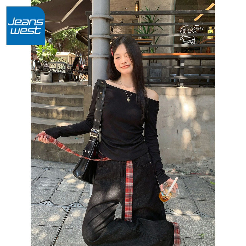 KCV真维斯女款一字领长袖2026新款黑色气质好看百搭露肩修身上