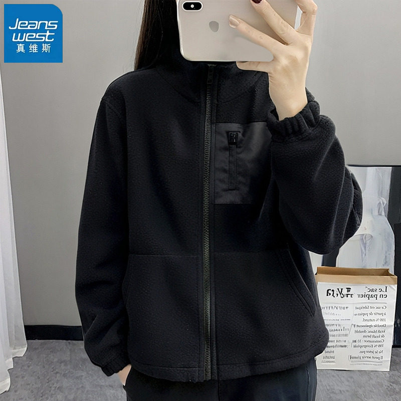 真维斯黑色摇粒绒开衫外套女上衣