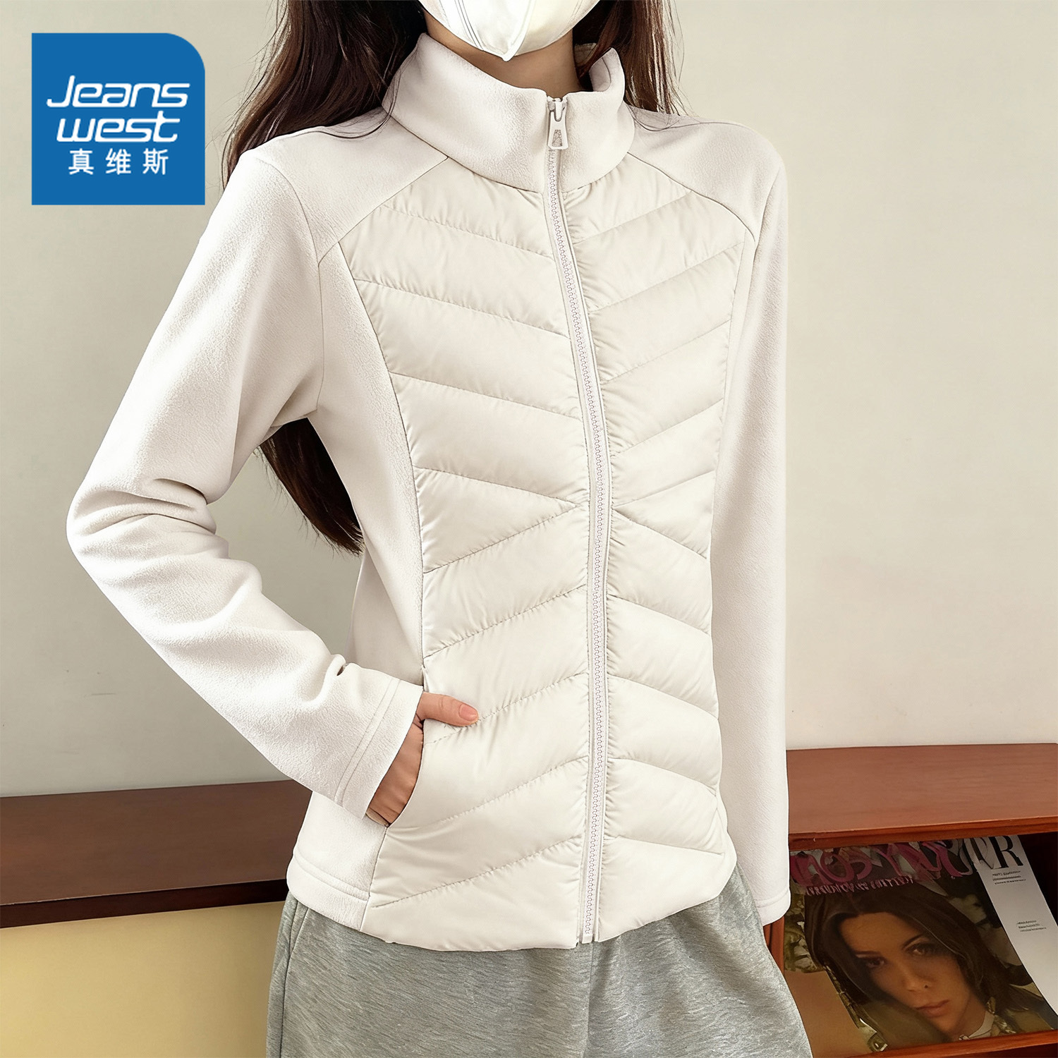 JR真维斯白色棉服女好看保暖上衣