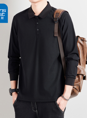 NG真维斯男士秋季黑色长袖t恤潮流翻领商务休闲简约POLO打底衬衫