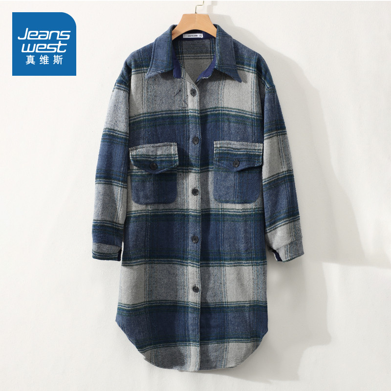 宽松慵懒中长款格纹毛呢大衣外套