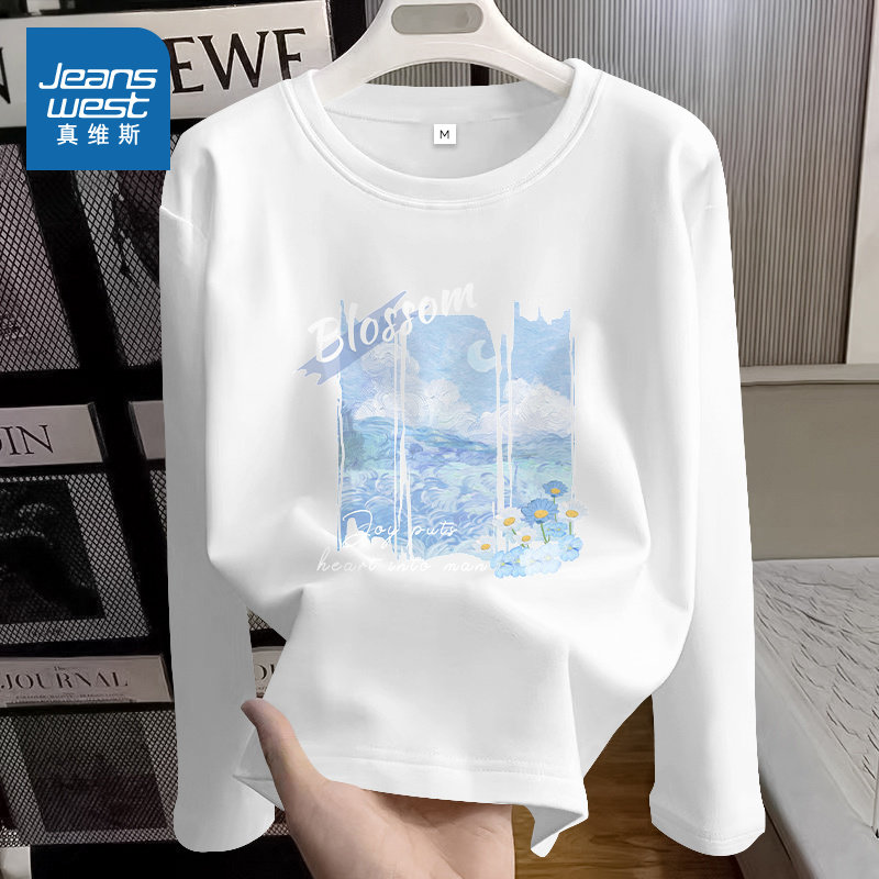 JR真维斯宽松纯棉长袖T恤女2025年秋秋休闲百搭透气亲肤舒适内搭