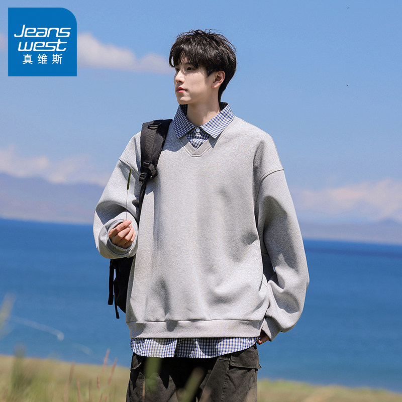 n5真维斯男士假两件卫衣2025新款秋季美式宽松翻领男生春秋装上衣