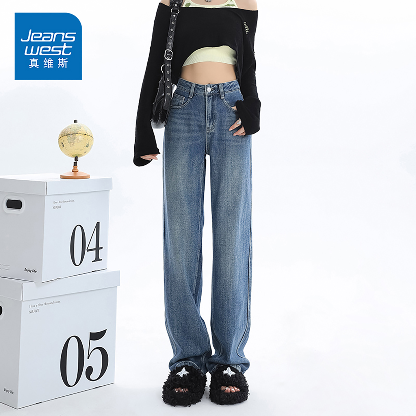NG真维斯窄版复古牛仔裤女秋季高腰小个子宽松休闲加绒直筒阔腿裤