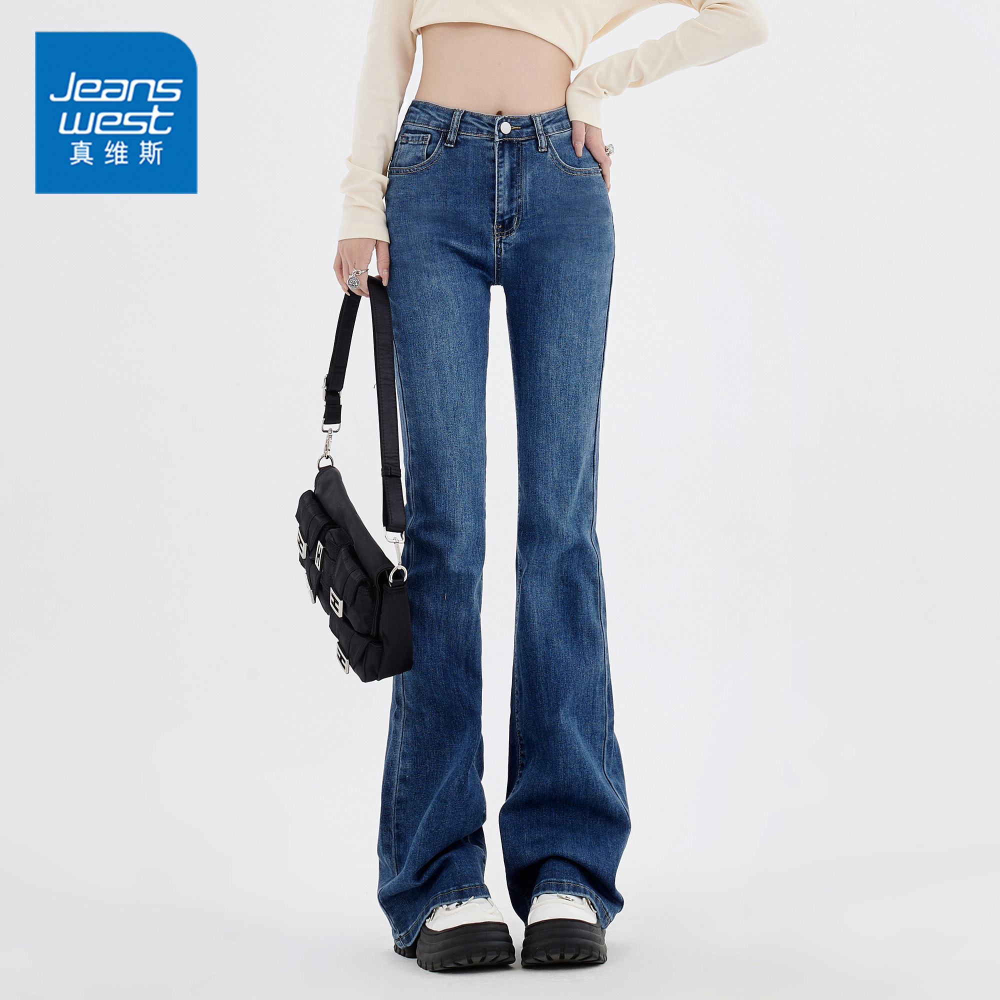 真维斯微喇裤高腰修身牛仔长裤