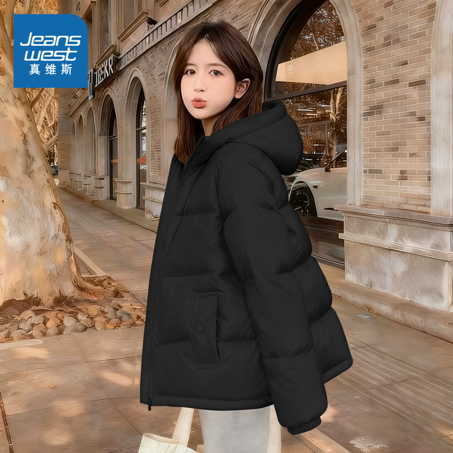 NOW真维斯黑色巨好看的羽绒服外套女冬季2025新款小个子棉袄上衣