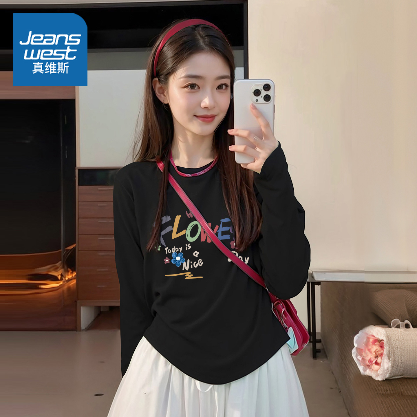 真维斯黑色上衣女女式长袖打底衫