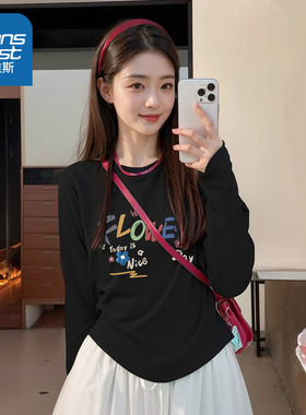 LB真维斯黑色上衣女2025新款美式酷飒纯棉t恤秋季女式长袖打底衫