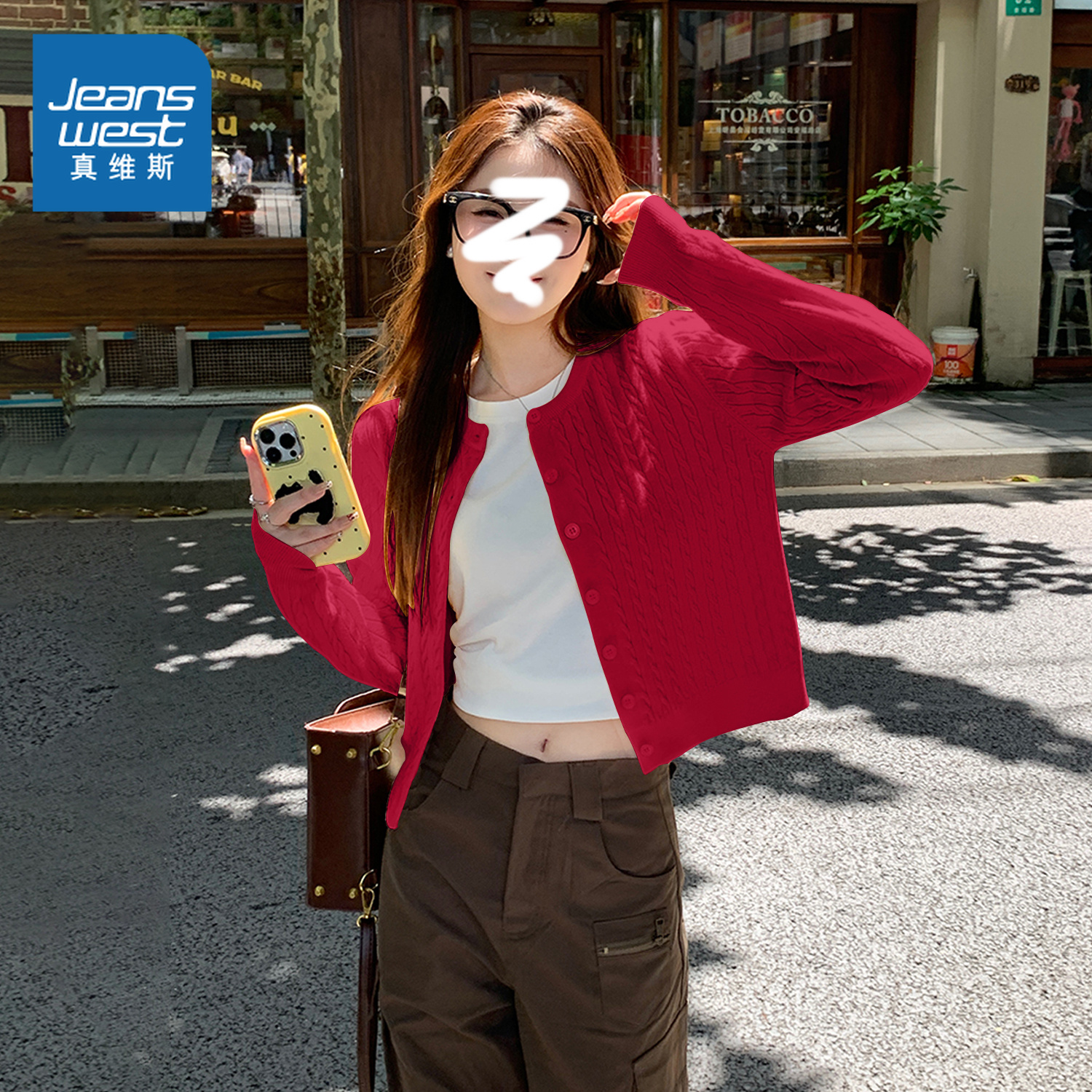 真维斯红色针织衫宽松毛衣女