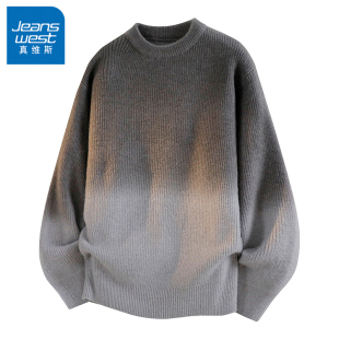 N5真维斯毛衣男2025新款秋冬季美式宽松圆领渐变上衣服男款针织衫