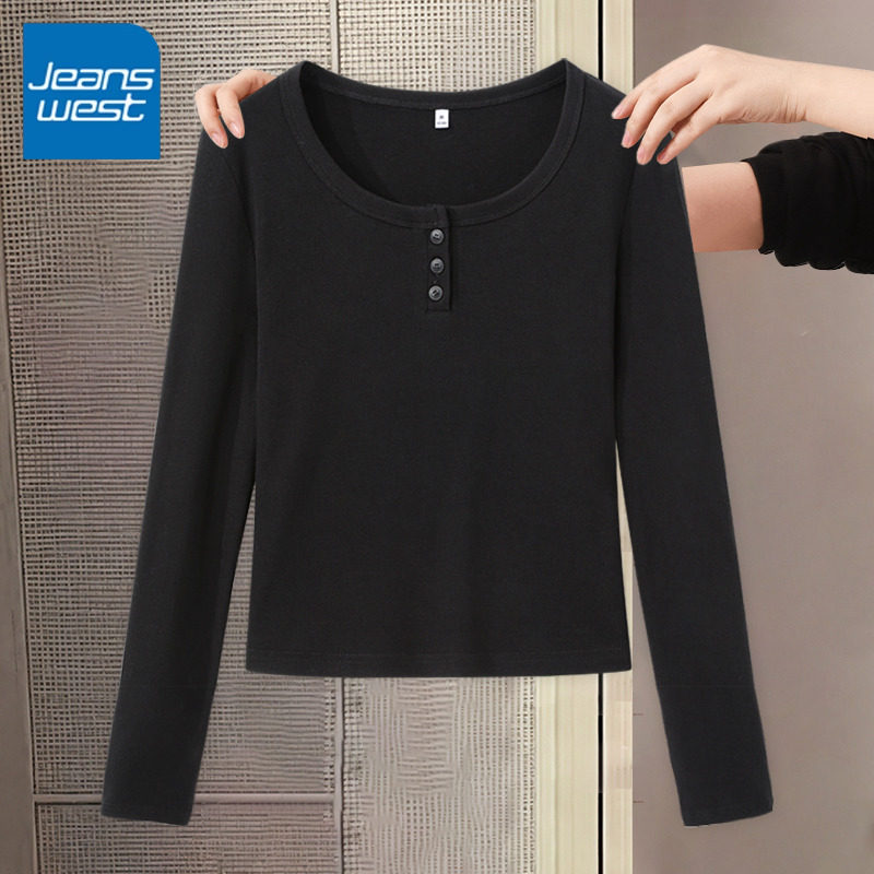 KV真维斯黑色u领纽扣长袖T恤女款2026早秋新款修身内搭打底衫